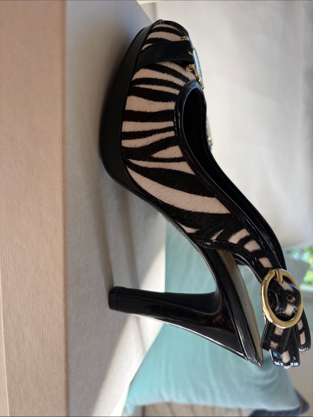 Anne Klein Black and White Zebra Print Slingback Wedges with Gold Accent - Picture 4 of 6